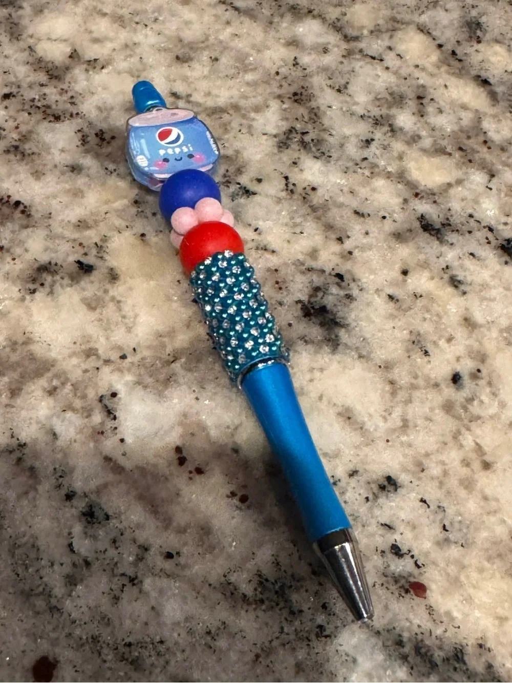 Pepsi Decorative Blue Ballpoint Pen with Red and Pink Beads